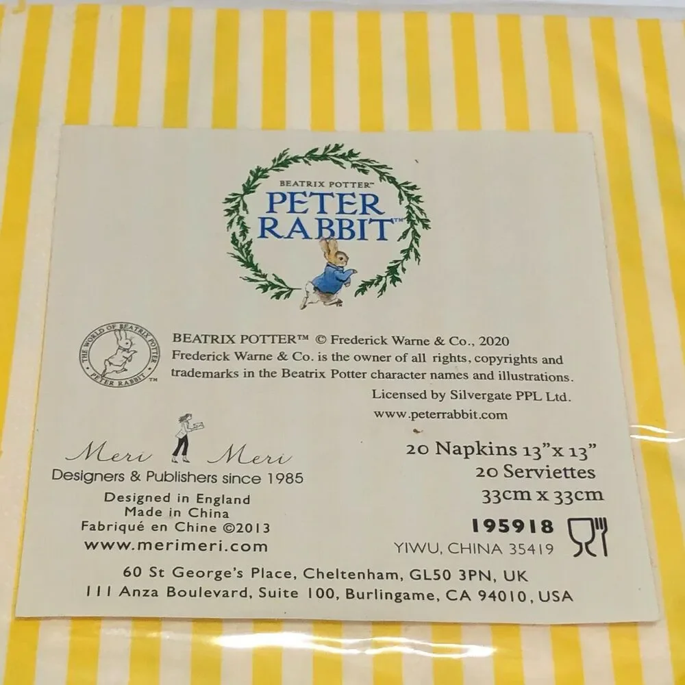 Meri Meri Beatrix Potter Peter Rabbit 12 Paper Plates & 20 Napkins Easter Party